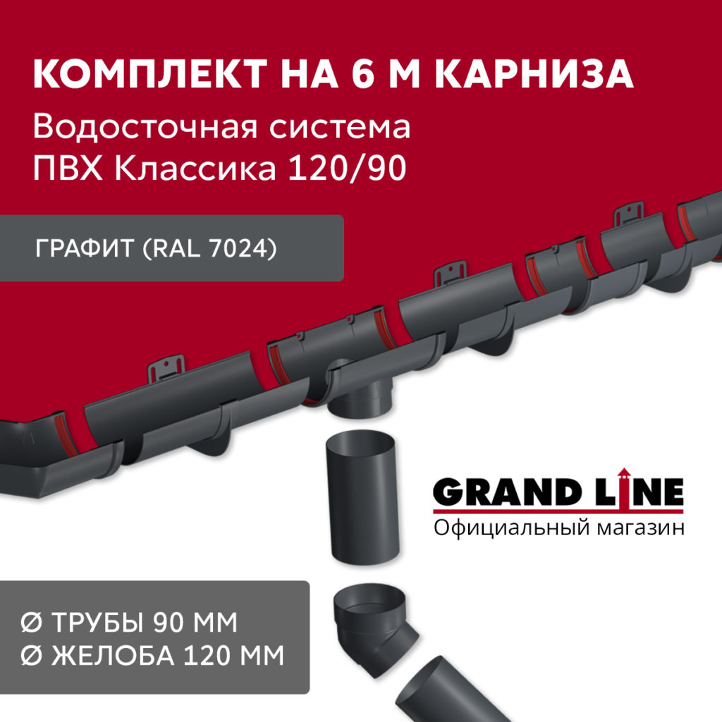 Комплект Водосточной системы Классика 120 ПВХ Grand Line, 6 м/3м